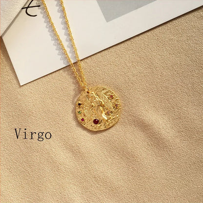 Zodiac Coin Pendant Necklace – Gold Disk Astrology Jewelry ✨