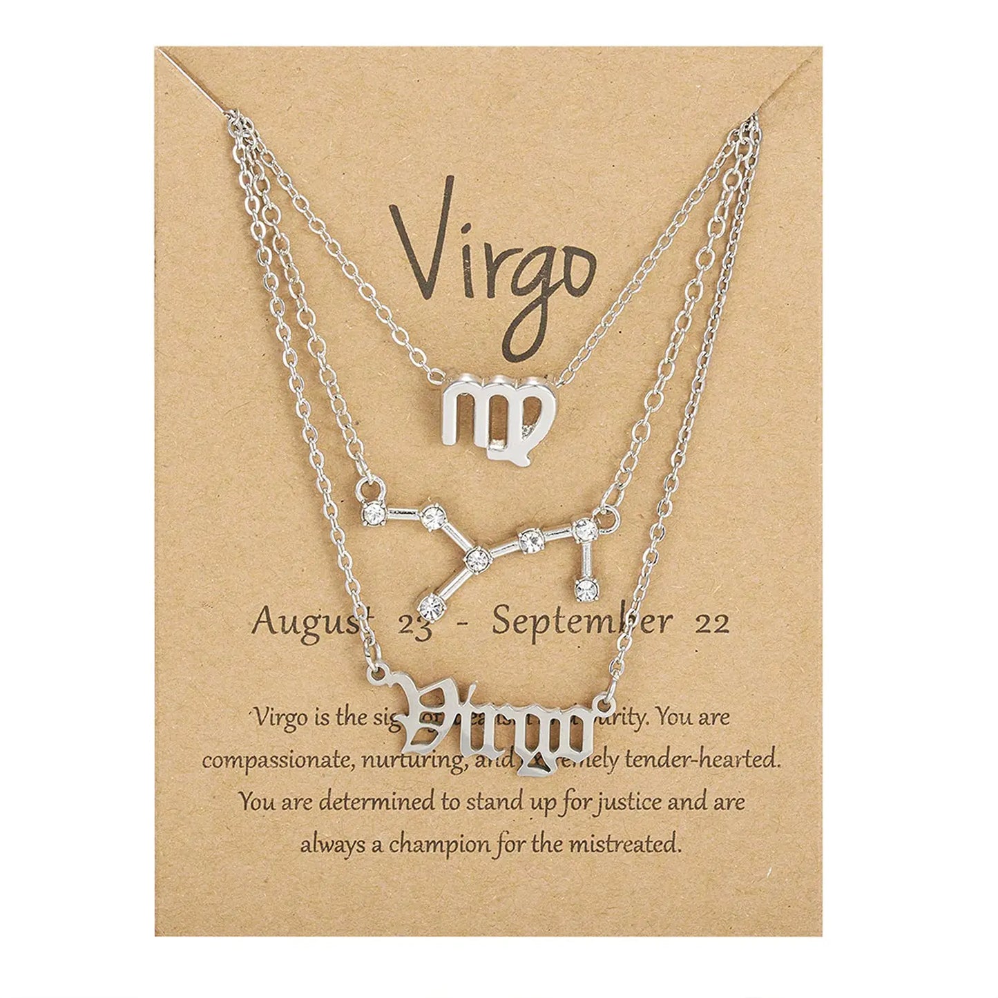Virgo Zodiac Necklace Set – 3 Layered Charms + Card ✨