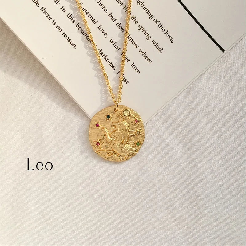 Zodiac Coin Pendant Necklace – Gold Disk Astrology Jewelry ✨
