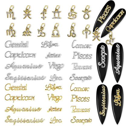 Zodiac Nail Charms – 36pcs Gold & Silver 3D Nail Art Set ✨