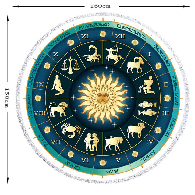 Zodiac Round Beach Towel with Tassels – 150cm Microfiber