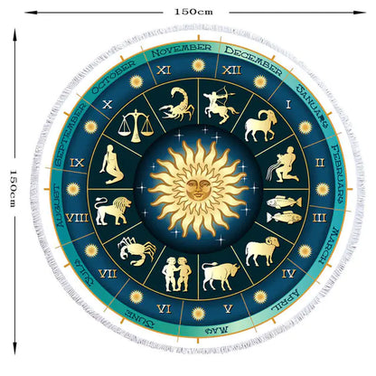 Zodiac Round Beach Towel with Tassels – 150cm Microfiber