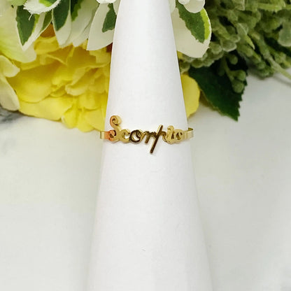 Scripted Zodiac Ring – Adjustable 18K Gold Astrology Band ♍