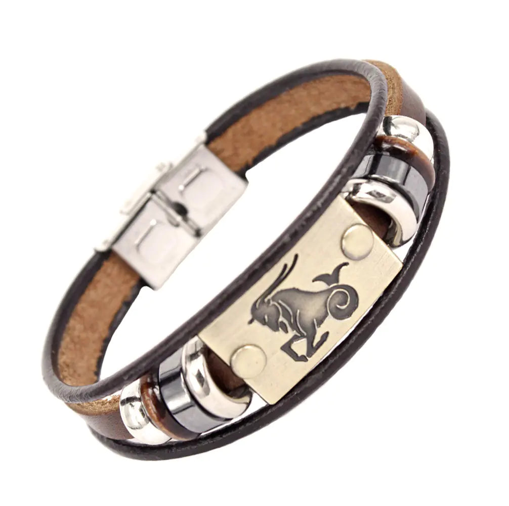 Zodiac Leather Bracelet – Adjustable Astrology Sign Gift