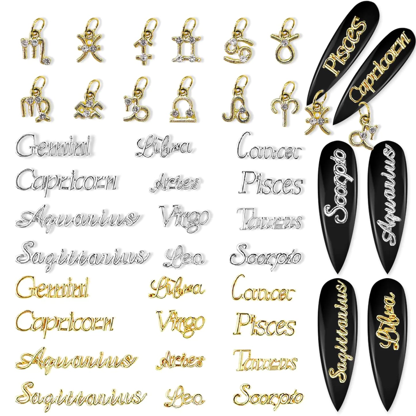 Zodiac Nail Charms – 36pcs Gold & Silver 3D Nail Art Set ✨