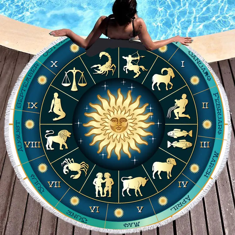 Zodiac Round Beach Towel with Tassels – 150cm Microfiber