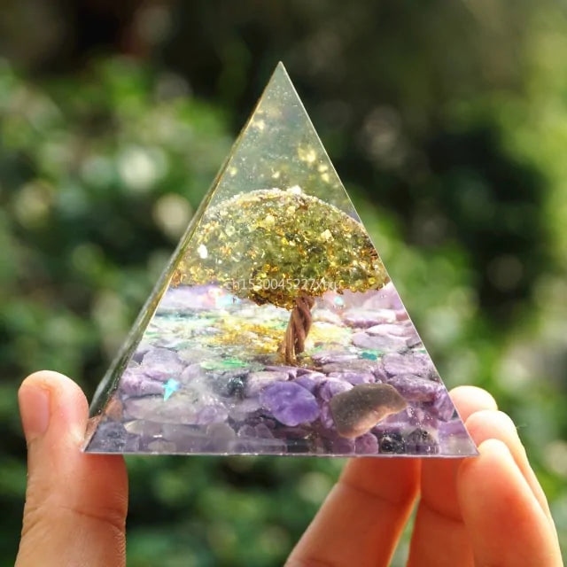 Tree of Life Orgonite Pyramid – Amethyst & Peridot Power
