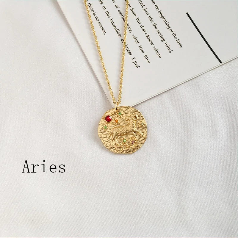 Zodiac Coin Pendant Necklace – Gold Disk Astrology Jewelry ✨