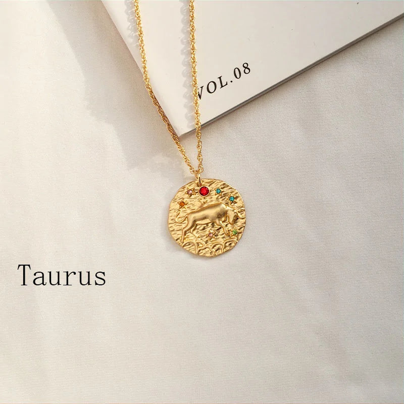 Zodiac Coin Pendant Necklace – Gold Disk Astrology Jewelry ✨