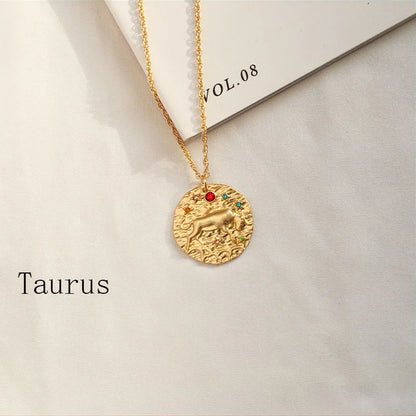 Zodiac Coin Pendant Necklace – Gold Disk Astrology Jewelry ✨
