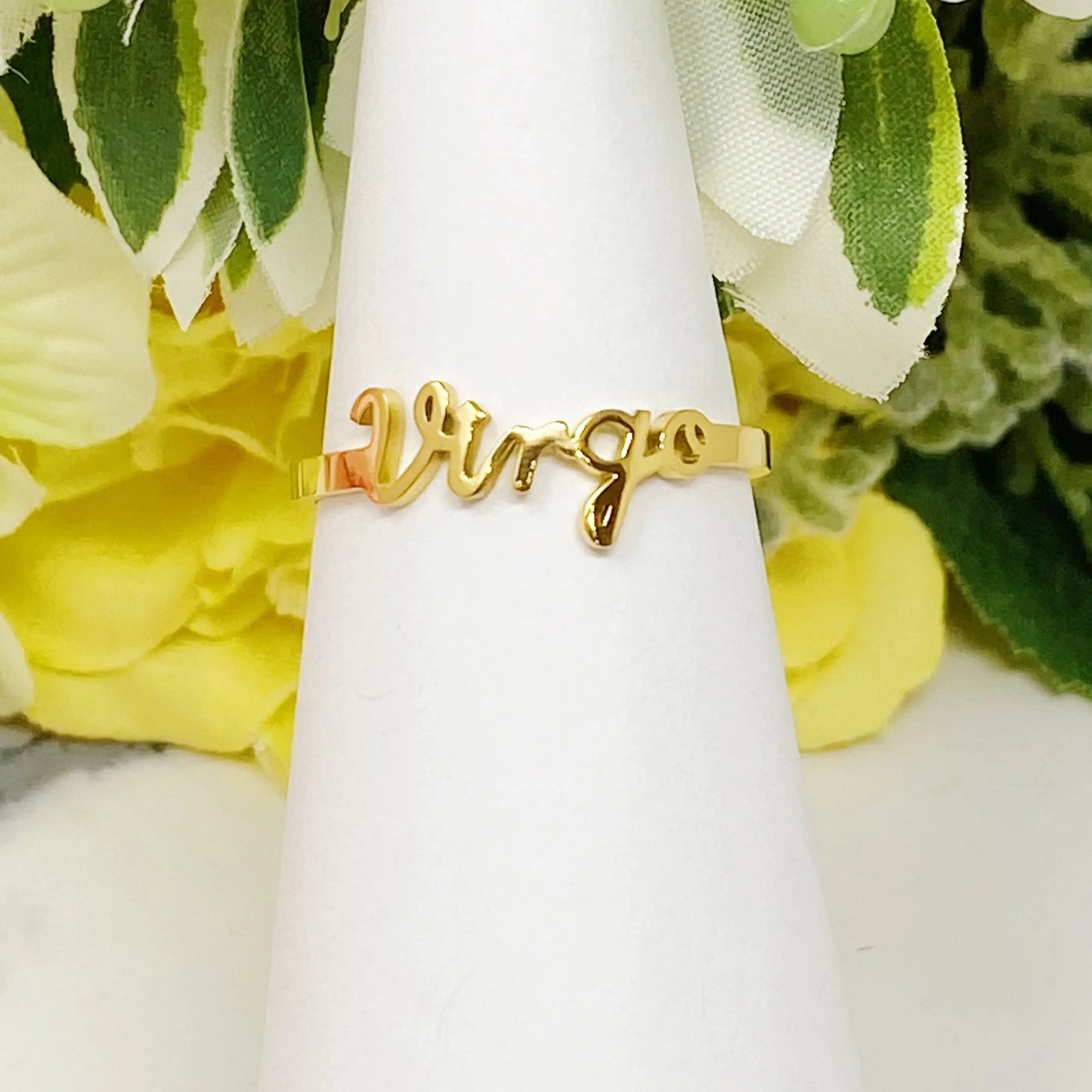 Scripted Zodiac Ring – Adjustable 18K Gold Astrology Band ♍