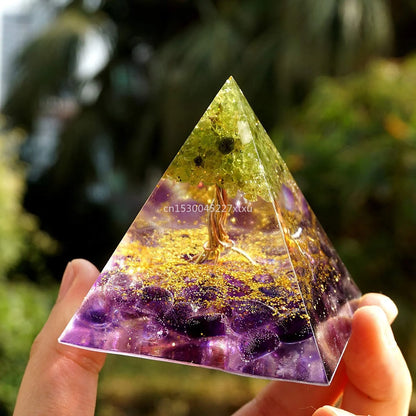 Tree of Life Orgonite Pyramid – Amethyst & Peridot Power