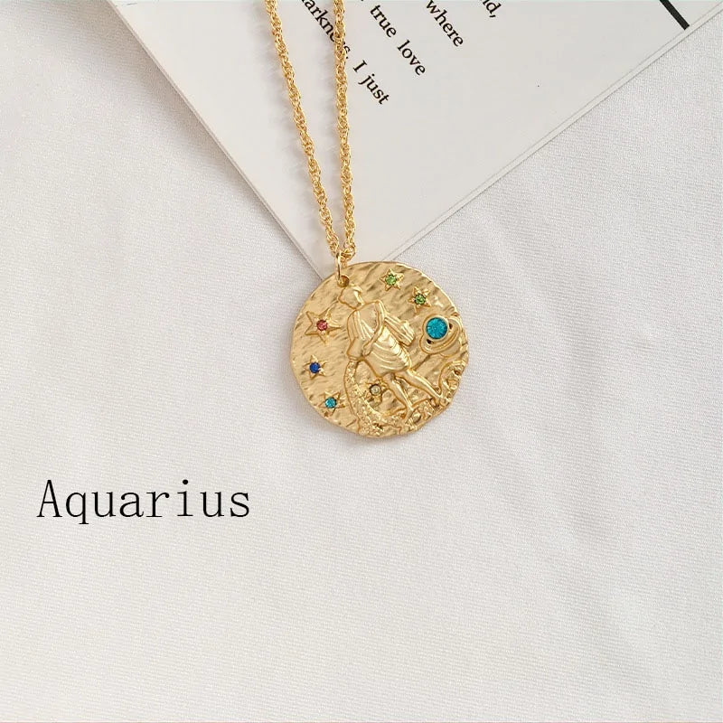 Zodiac Coin Pendant Necklace – Gold Disk Astrology Jewelry ✨