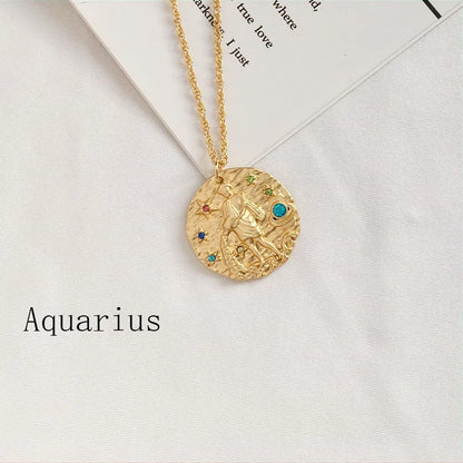 Zodiac Coin Pendant Necklace – Gold Disk Astrology Jewelry ✨