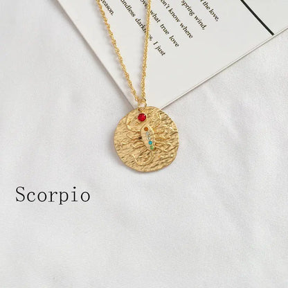 Zodiac Coin Pendant Necklace – Gold Disk Astrology Jewelry ✨