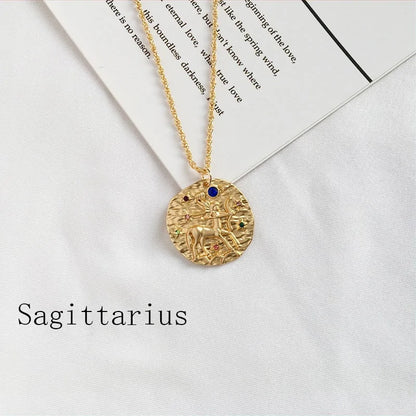 Zodiac Coin Pendant Necklace – Gold Disk Astrology Jewelry ✨
