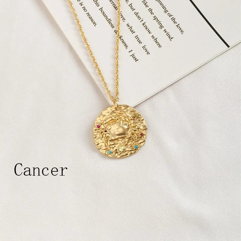 Zodiac Coin Pendant Necklace – Gold Disk Astrology Jewelry ✨