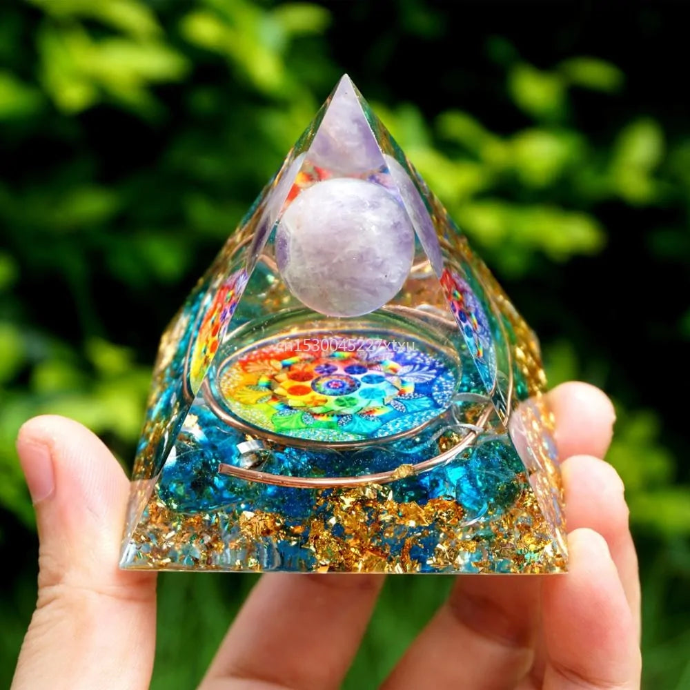 Tree of Life Orgonite Pyramid – Amethyst & Peridot Power