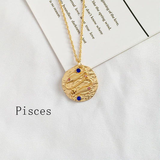 Zodiac Coin Pendant Necklace – Gold Disk Astrology Jewelry ✨
