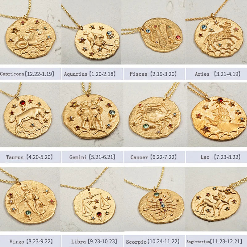 Zodiac Coin Pendant Necklace – Gold Disk Astrology Jewelry ✨
