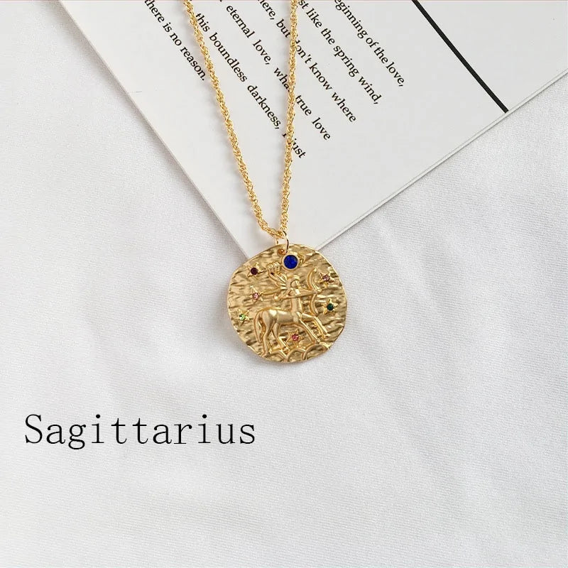 Zodiac Coin Pendant Necklace – Gold Disk Astrology Jewelry ✨