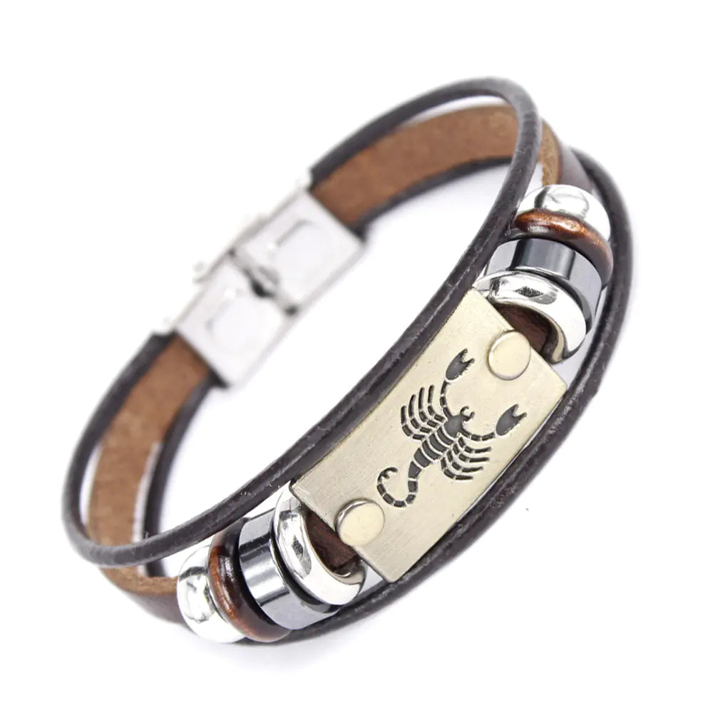 Zodiac Leather Bracelet – Adjustable Astrology Sign Gift