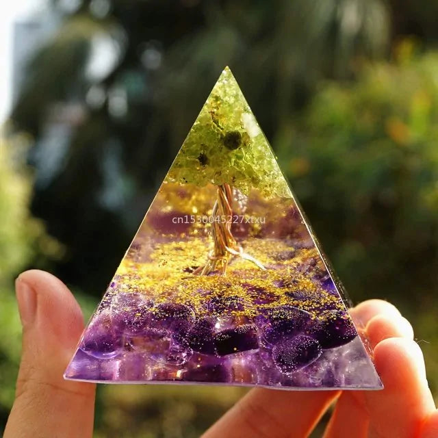 Tree of Life Orgonite Pyramid – Amethyst & Peridot Power