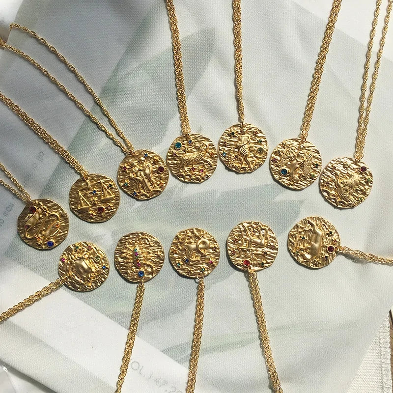 Zodiac Coin Pendant Necklace – Gold Disk Astrology Jewelry ✨